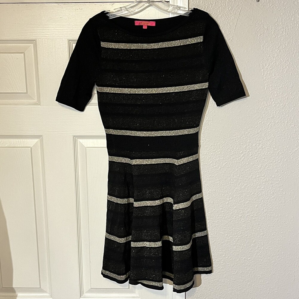 Catherine Malandrino Dress Womens S Rayon Metallic Skater Short Sleeve Stretch